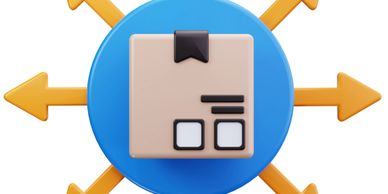 Package with arrows pointing in multiple directions symbolizing distribution.