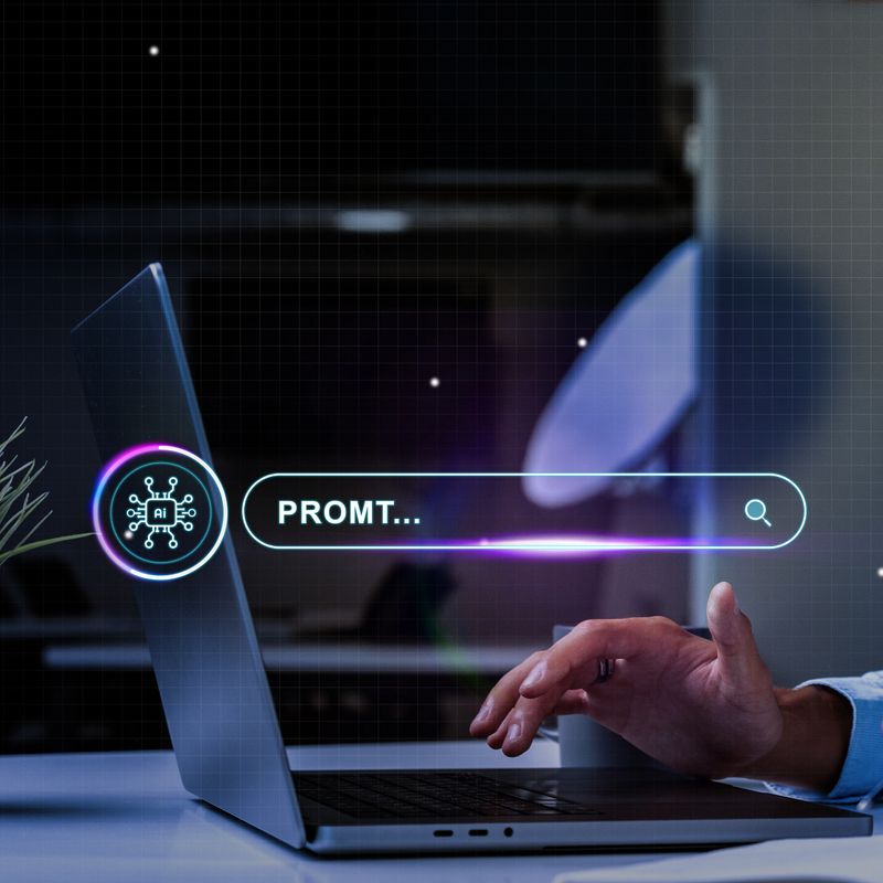 A person is typing on a sleek laptop while exploring digital prompts in a contemporary office environment. The search bar is highlighted, showing engagement with technology.