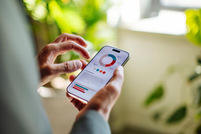 A person holding a smartphone displaying a data analysis application with graphs and charts, set against a blurred background with greenery; A focus on technology, business, and data visualization