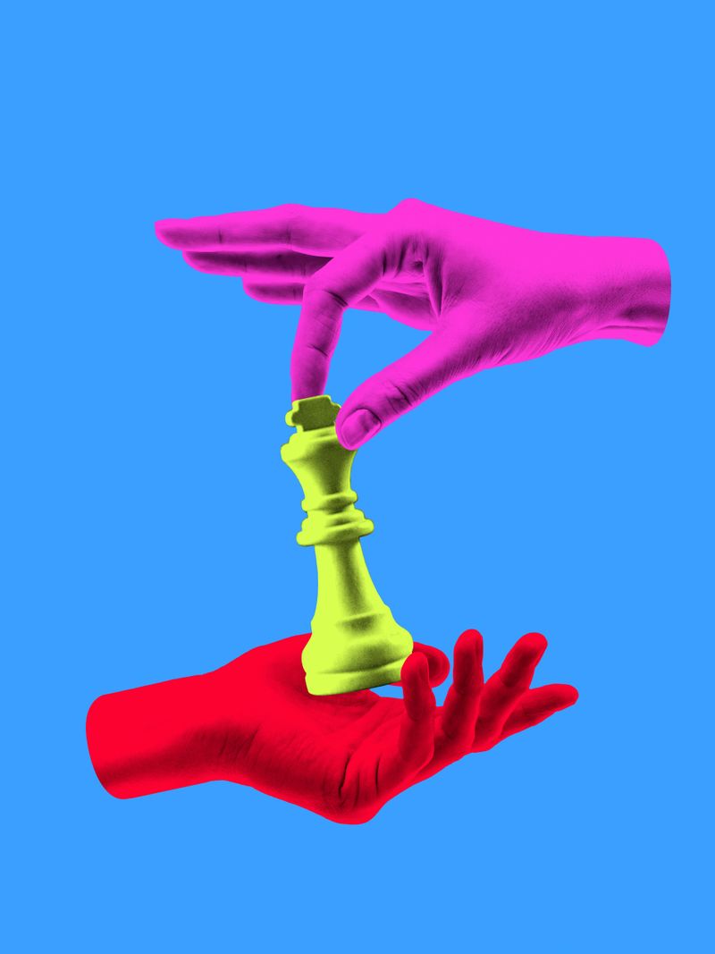 Graphic composition. Hands passing chess king symbol of strategy leadership and decision. Concept of power, business pitching, teamwork, communication, mental health and public speaking.