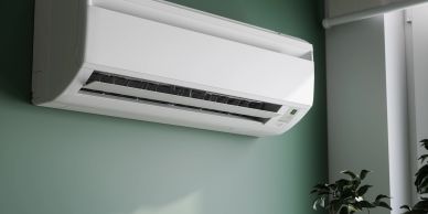 Wall-mounted white air conditioner on green wall.