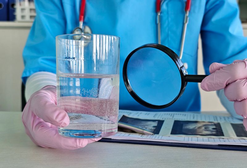 Scientist doctor holds glass of water in hand and water quality and health close-up. Chemical laboratory analysis, food additives, medical mixture, concentrate, acid measurement, innovation, medicine, toxicity, poison, infection, measure, microbiology