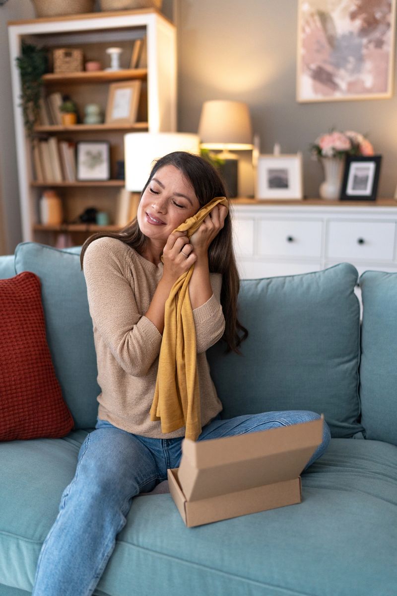 Young woman is sitting on sofa, unpacking parcel box with new yellow scarf, enjoying softness of fabric with closed eyes, feeling happy with online shopping purchase