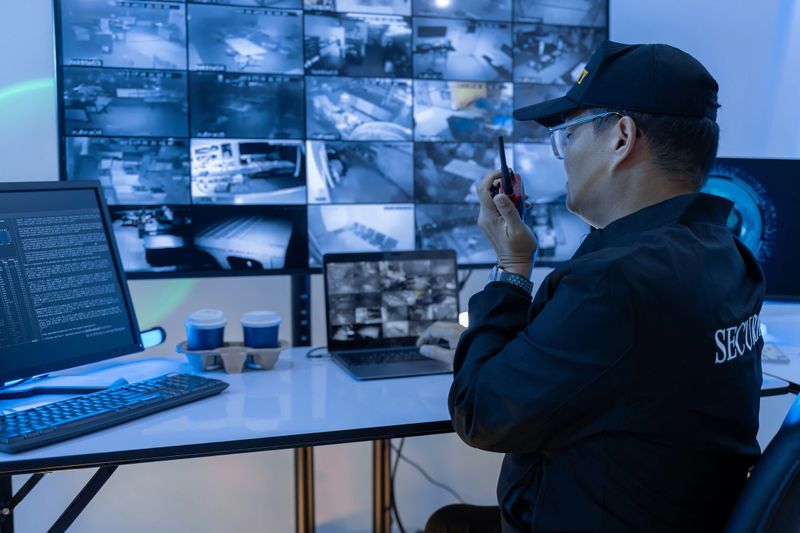 Security Man guard, Working in Control room by cctv monitor for protection, data center or building safety. Inspection, video surveillance agency and control room with footage, View Monitor and computer