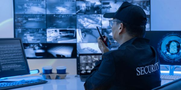 Security guard monitoring multiple surveillance screens.