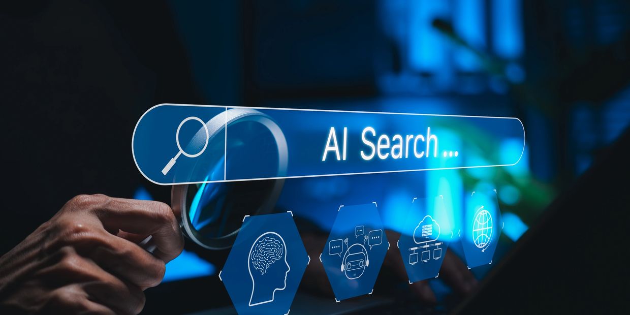 AI Search appears in a Search Engine Search bar with a magnifying glass and AI emojis next to it.