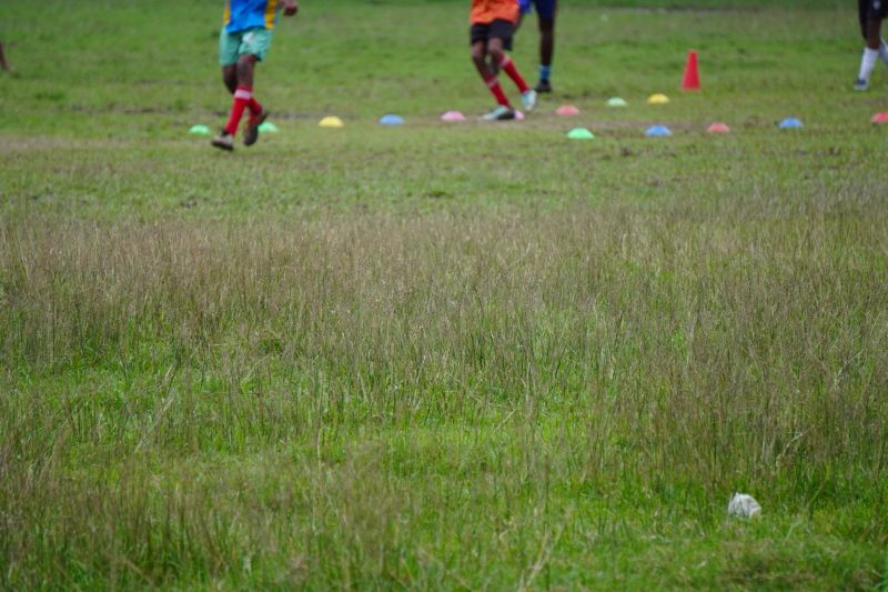 Children practicing soccer with training cones on green grass playground