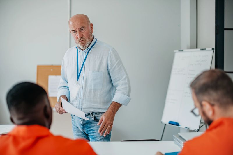In a classroom setting within a prison, a dedicated teacher guides a multiracial group of young adult prisoners focused on their studies, embodying hope and determination.