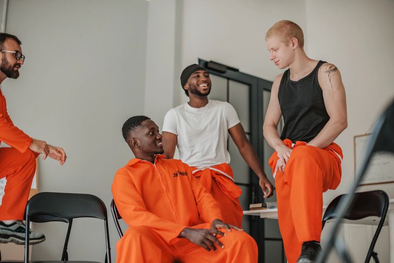 In a bright classroom, a diverse group of prisoners engages in an educational program, showcasing focus, collaboration, and hope for personal reform and recovery.