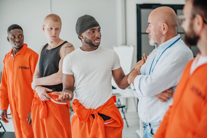 A diverse group of adult learners in prison uniforms engages in a classroom discussion, showcasing determination and hope for personal growth through education and teamwork with their teacher.