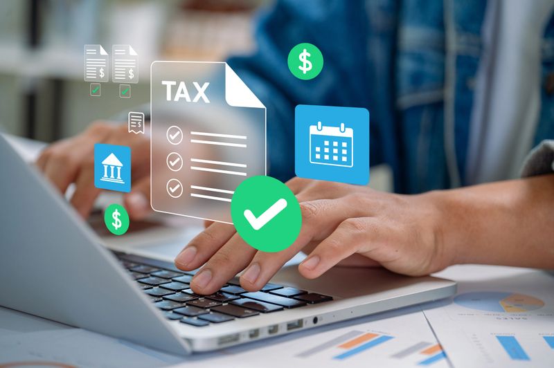 Tax preparation and financial accounting concept with person working on laptop in office analyzing reports, online money management, income planning, government compliance, and business audit strategy