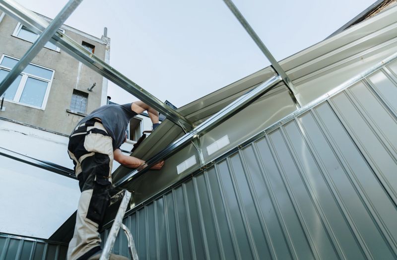 Adult Caucasian worker in uniform screws a bolt to a steel roofing sheet, installing on a metal shed in the backyard on a summer day, view from the bottom side up general plan. Concept assembly of a metal shed, time of teamwork, using technology.