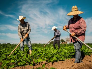 Três agricultores trabalham em um campo sob um céu azul.