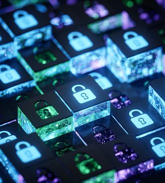 Glowing lock icons on a digital interface representing cybersecurity.