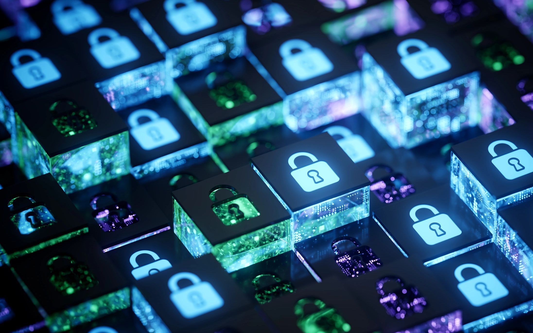 Digital locked and unlocked padlocks representing cybersecurity.