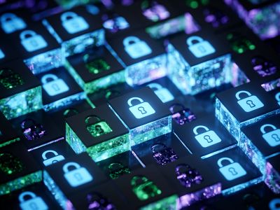 3D digital locks on a glowing circuit board.