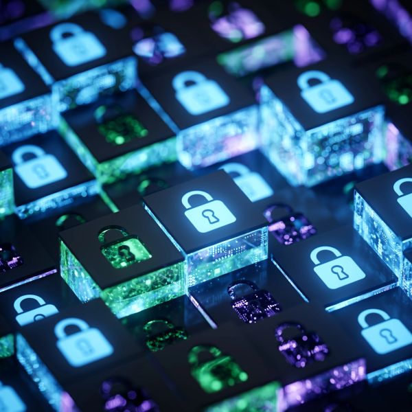 Glowing padlock icons on digital blocks symbolizing cybersecurity and data protection.