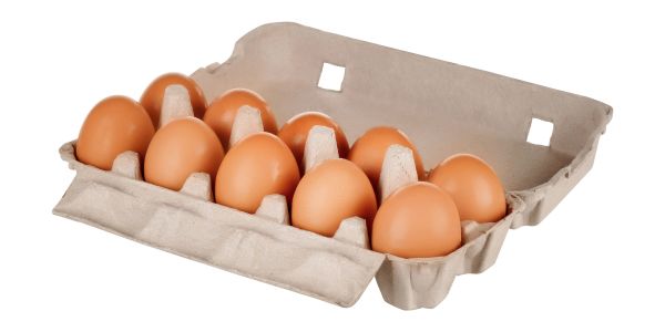 A carton of ten brown eggs arranged neatly.