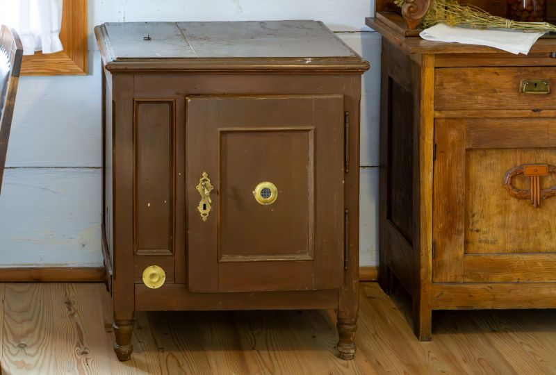 Antique wooden cabinet with brass fittings, traditional old furniture piece placed in rustic interior on wooden floor with daylight.