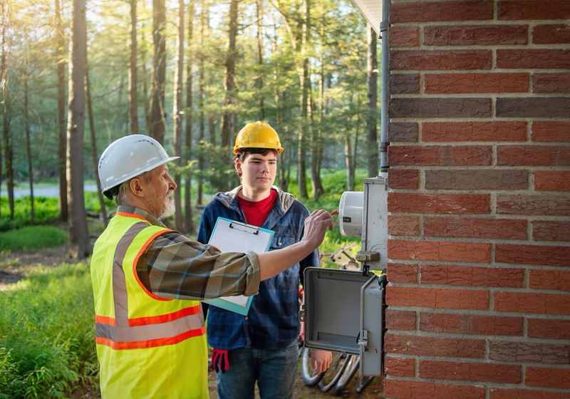 A senior man in a safety vest and white hard hat demonstrates how to inspect electrical equipment mounted on a brick wall. His young apprentice with autism, wearing a yellow hard hat, observes closely during his first job. The inspection takes place outdoors in Pennsylvania with a forested background. The senior inspector, approximately 70 years old, is showing the 19-year-old how to properly check the equipment box mounted on the exterior wall. Both are dressed in appropriate safety gear including high-visibility clothing and protective helmets. The scene depicts workplace training, inclusion, and knowledge transfer in a construction or maintenance setting.
