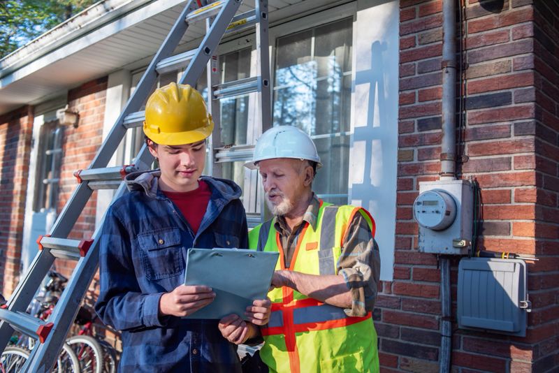 A 19-year-old man with autism examines a clipboard with a 70-year-old supervisor outside a brick building in Pennsylvania. The young man wears a yellow hard hat and navy work jacket while the older supervisor wears a white hard hat and high-visibility safety vest. They stand near an aluminum ladder positioned against the building wall. An electric meter is visible on the brick wall. The scene shows a training moment during the young man's first job as they conduct an equipment inspection in daylight.