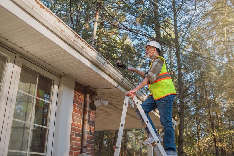 A senior man in his 70s inspects a roof gutter while standing on a ladder at a residential home in Pennsylvania. He wears safety equipment including a white hard hat and high-visibility yellow vest with orange reflective stripes. The inspector is positioned on an aluminum ladder leaning against the house, which features brick walls and white soffit. Tall pine trees surround the property, creating a wooded setting. The home has white-framed windows visible in the background.
