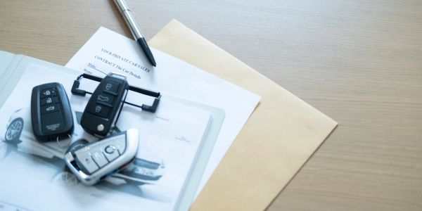 Car keys on documents with an envelope and pen.