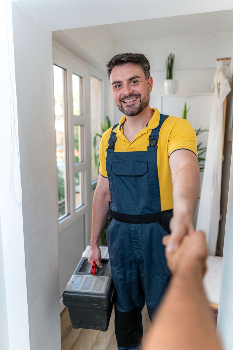 A handyman in blue overalls and a yellow shirt smiles while holding a toolbox. He extends his hand for a handshake, welcoming a client at the entrance of a well-lit home.