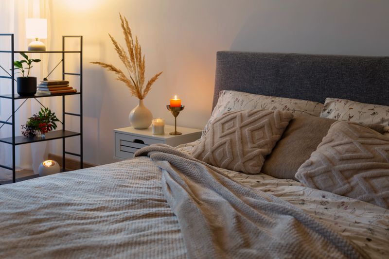 cozy white  bedroom with flowers and candles