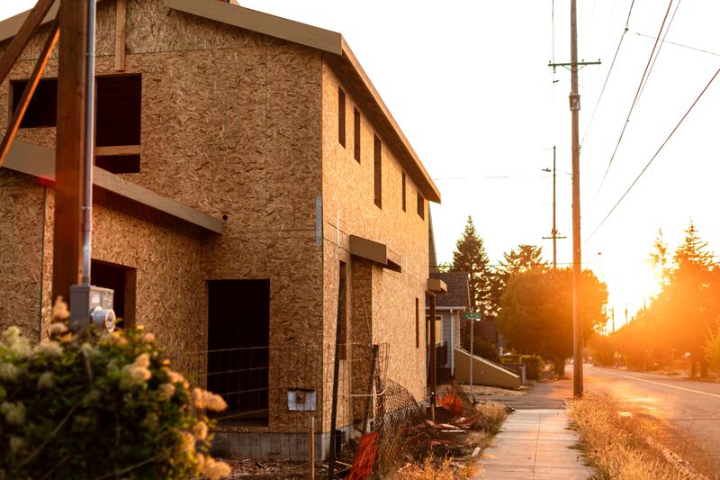 Construction of a residential home in an urban city. Home has the wood framework and walls built and is in progress.