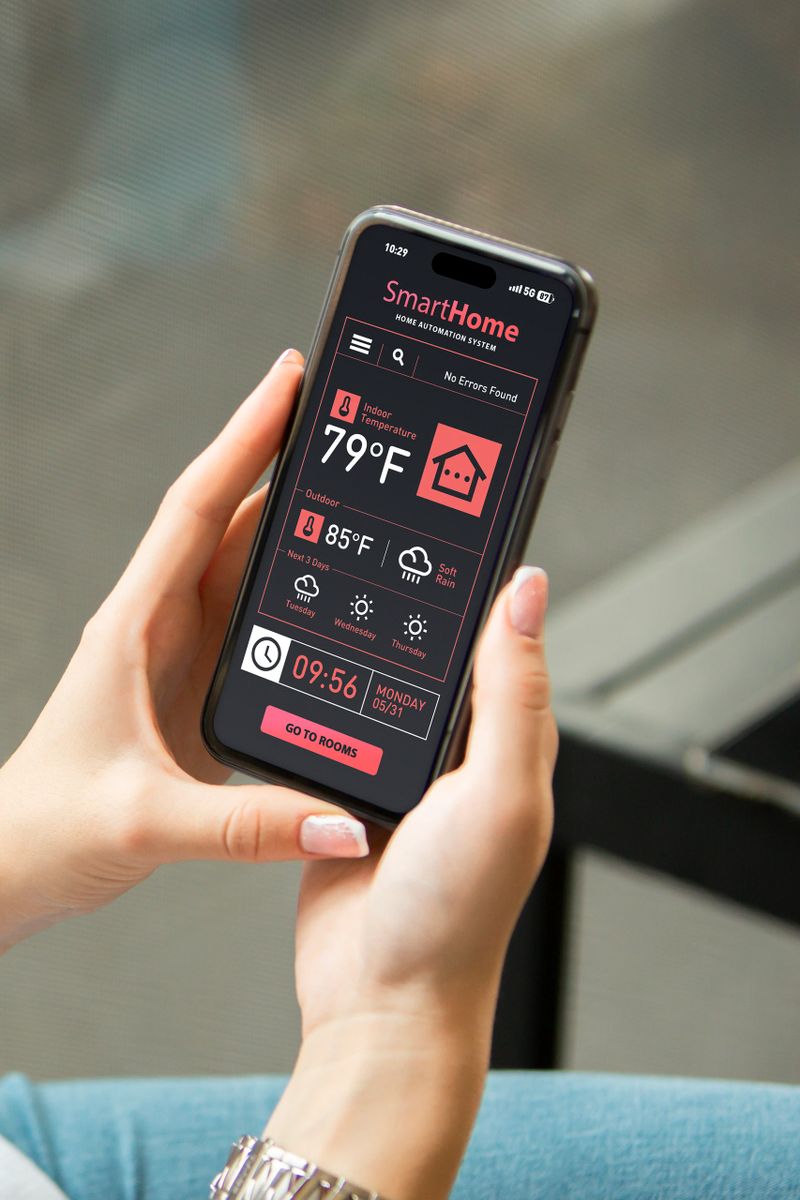 A person holds a smartphone showing a smart home control app interface, with icons for lighting, security, climate, surveillance, and audio systems, alongside real-time temperature readings of 75°F indoors and 55°F outdoors; this image is ideal for showcasing the convenience of connected living, perfect for use in smart home technology ads, lifestyle blogs, or app design presentations that highlight modern automation and remote control capabilities.