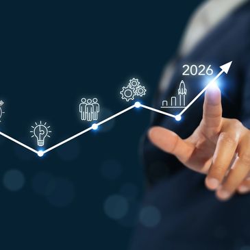 Business growth timeline from 2025 to 2026 with key milestones and upward progress.