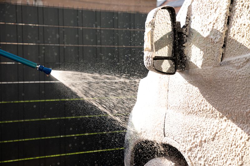 Powerful jets of foam are applied to a vehicle during a car wash, representing hygiene, efficiency, and modern automotive cleaning (part of the “at the car wash” series).