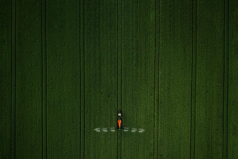 Drone shot of a sprayer applying fertilizer or pesticide on a green field, showcasing precision agriculture and crop management