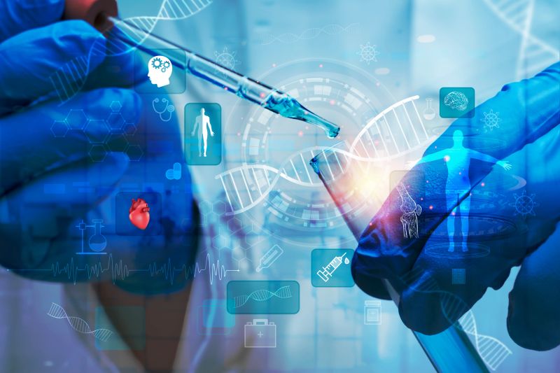 Scientist hand using pipette dropper with test tube, abstract DNA helix and medical icons overlay, representing genetic research, biotechnology, molecular biology, innovation, and healthcare solutions