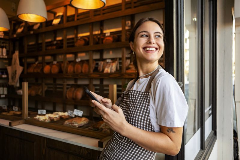 Smiling young female baker standing proudly in front of bakery using phone