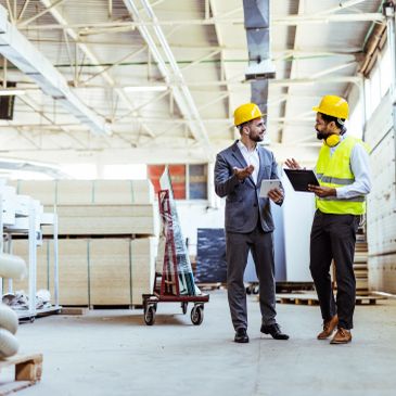 Two men discussing in a warehouse.
