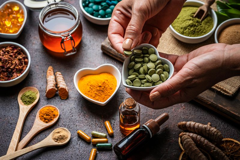 Woman holding a heart shaped bowl filled with Moringa pills. Natural and organic alternative medicine for wellness and active lifestyle. Nutritional supplements and vtamins.