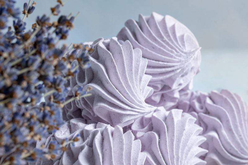 Homemade lavender zephyr is elegantly displayed next to dried lavender flowers on a light background, creating a serene and inviting dessert scene with copy space