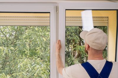 Worker installing or inspecting a window frame from inside a house.