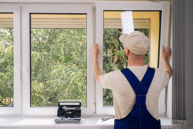 Back view of repairman adjusting system of air ventilation in living room. Professional installing a new PVC window frame in a residential building with tools on windowsill. Natural backgrounds view