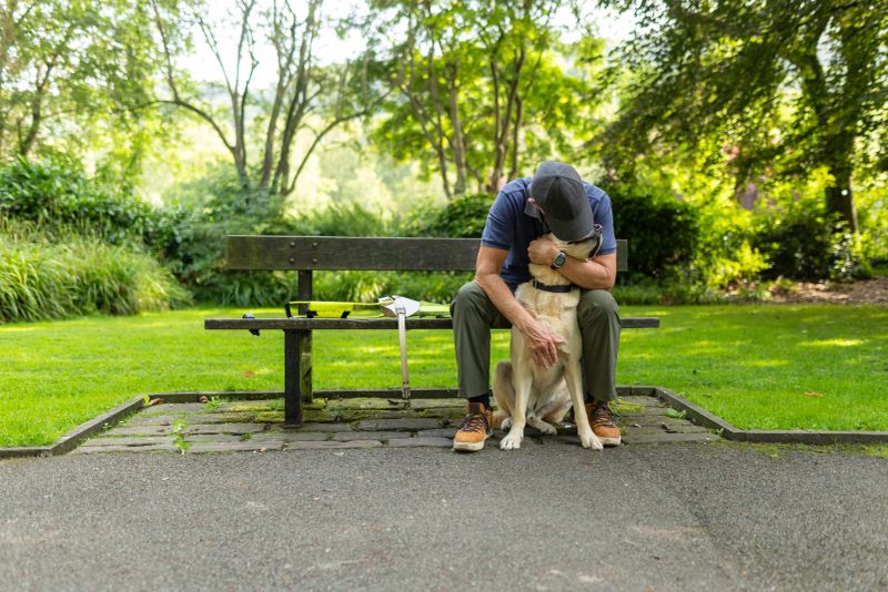 A wide shot of a senior man hugging a guide dog on a park bench in a public park on a sunny day.