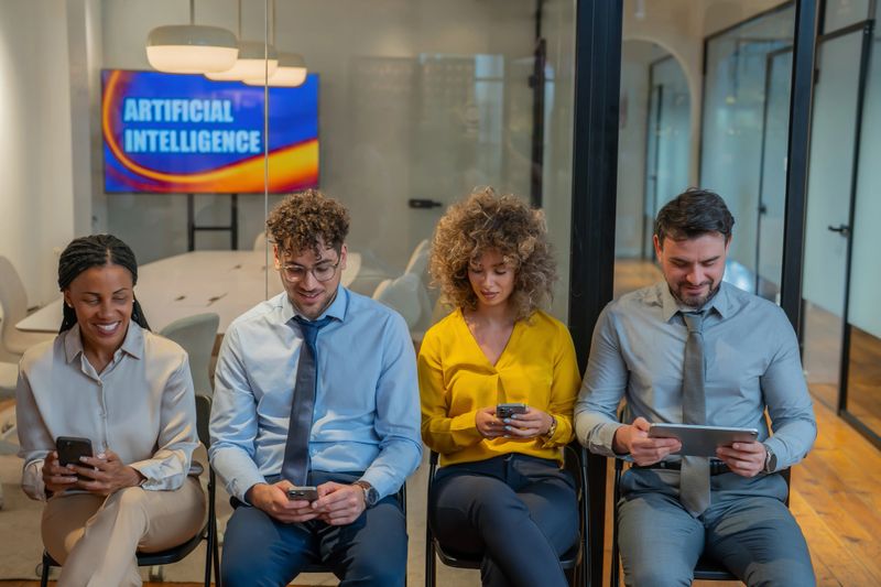 Young people waiting for a job interview with other candidates in the office