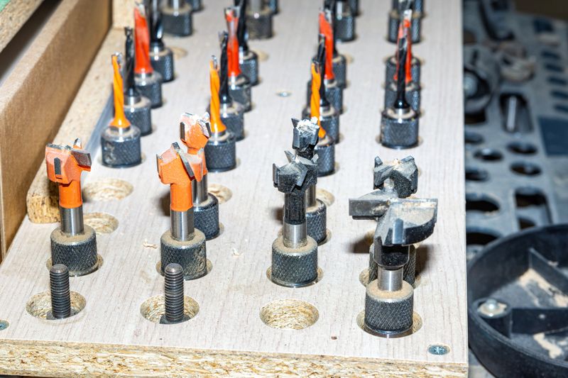 A collection of different-shaped cutting tools used to shape wood edges or make grooves - they kept in orderly wooden holder so you can easily find what you need, selective focus