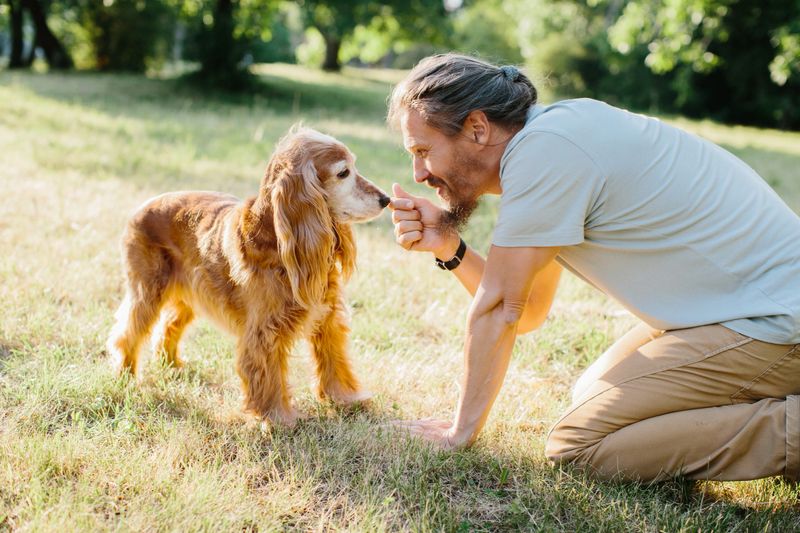 Heartwarming scene of a mature man kneeling, interacting affectionately with his cocker spaniel in a sunlit park, enjoying a special moment of connection