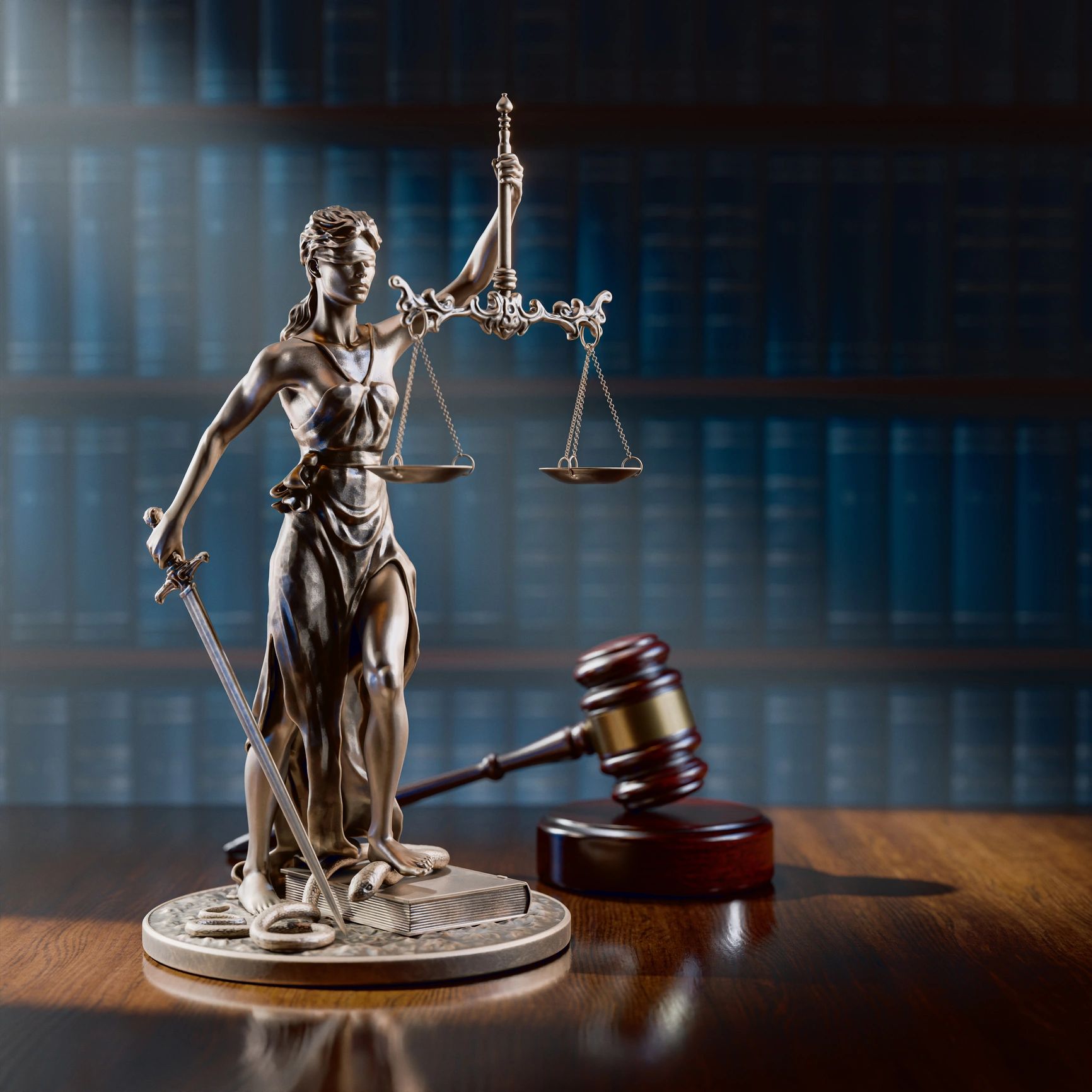 Bronze statue of Lady Justice with scales and sword beside a gavel on a wooden desk.