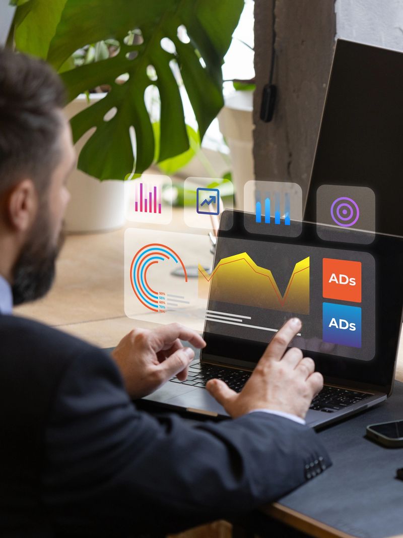 Businessman in suit analyzes marketing data, graphs, and ad performance on modern holographic screen. Concept of advanced digital tools in advertising workflows, digital campaign management