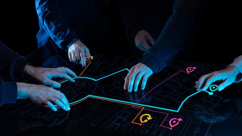 Group of hands interacts with glowing navigation interface, adjusting digital paths and waypoints on a dark futuristic map system. Concept of collaborative logistics planning, team coordination tools