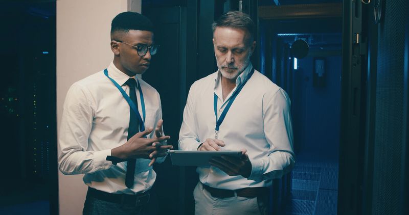 Talking, server room and men on tablet for network solution, IT support and cybersecurity. Collaboration, technician team and people on digital tech for database, programming and hardware update