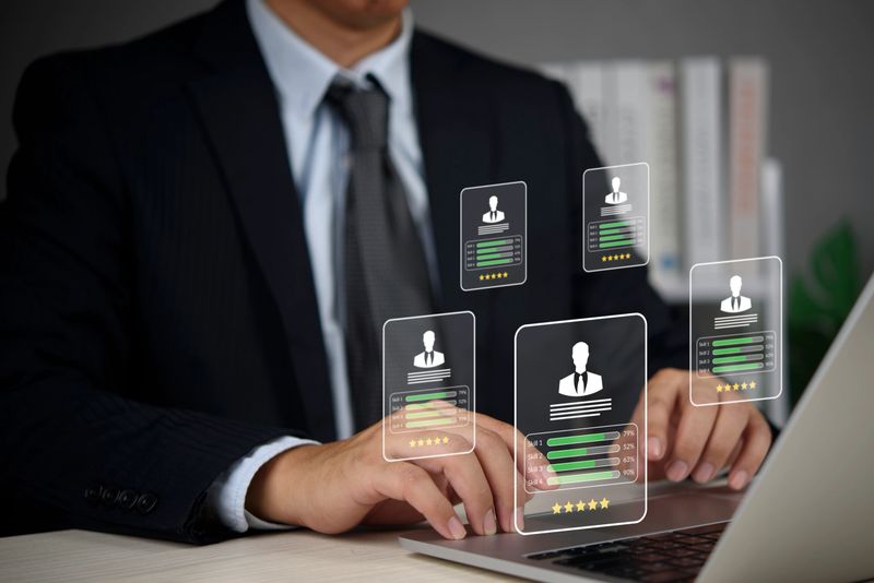 Hiring Recruiter types on laptop to screen resumes and compare skills dashboards in a modern workspace, improving fairness and speed. concept skills based talent acquisition.